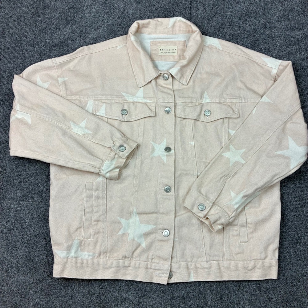 Dress Up Star Print Denim Jacket Pink White Oversized Trucker Womens Size Medium